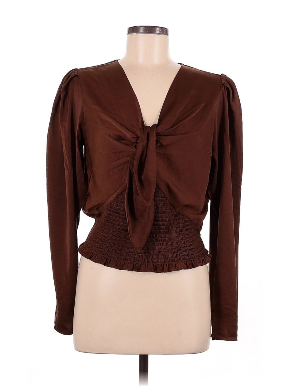 Express Brown Tie-Front Long Sleeve Smocked Hem Blouse